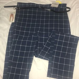 Light checkered navy dress pants with belt